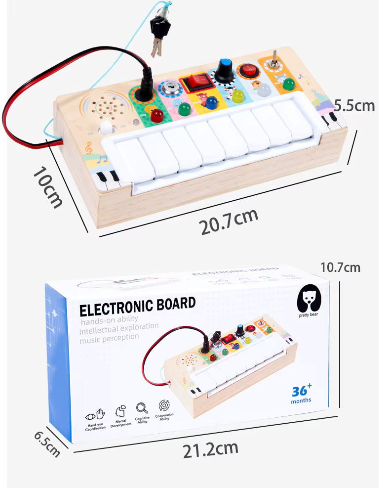 Wooden busy board piano with switches lights and sound effects