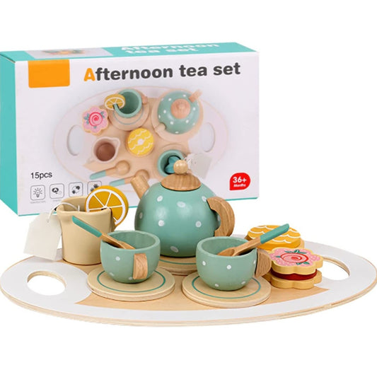 Wooden afternoon tea set with teapot, cups, tray, biscuits and accessories for pretend play and imaginative learning.