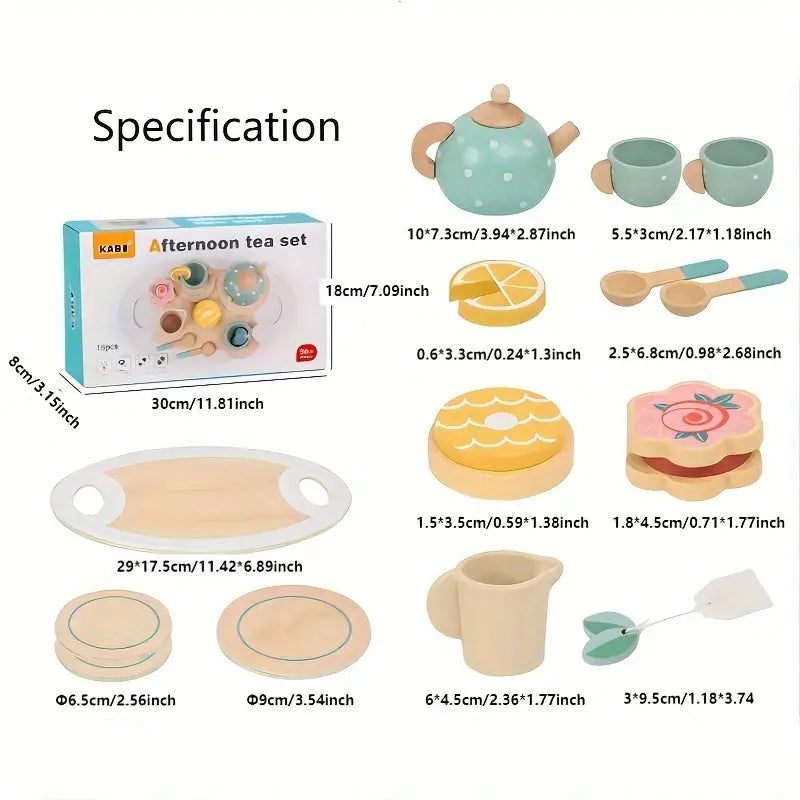 Wooden afternoon tea set with teapot, cups, tray, biscuits and accessories for pretend play and imaginative learning.