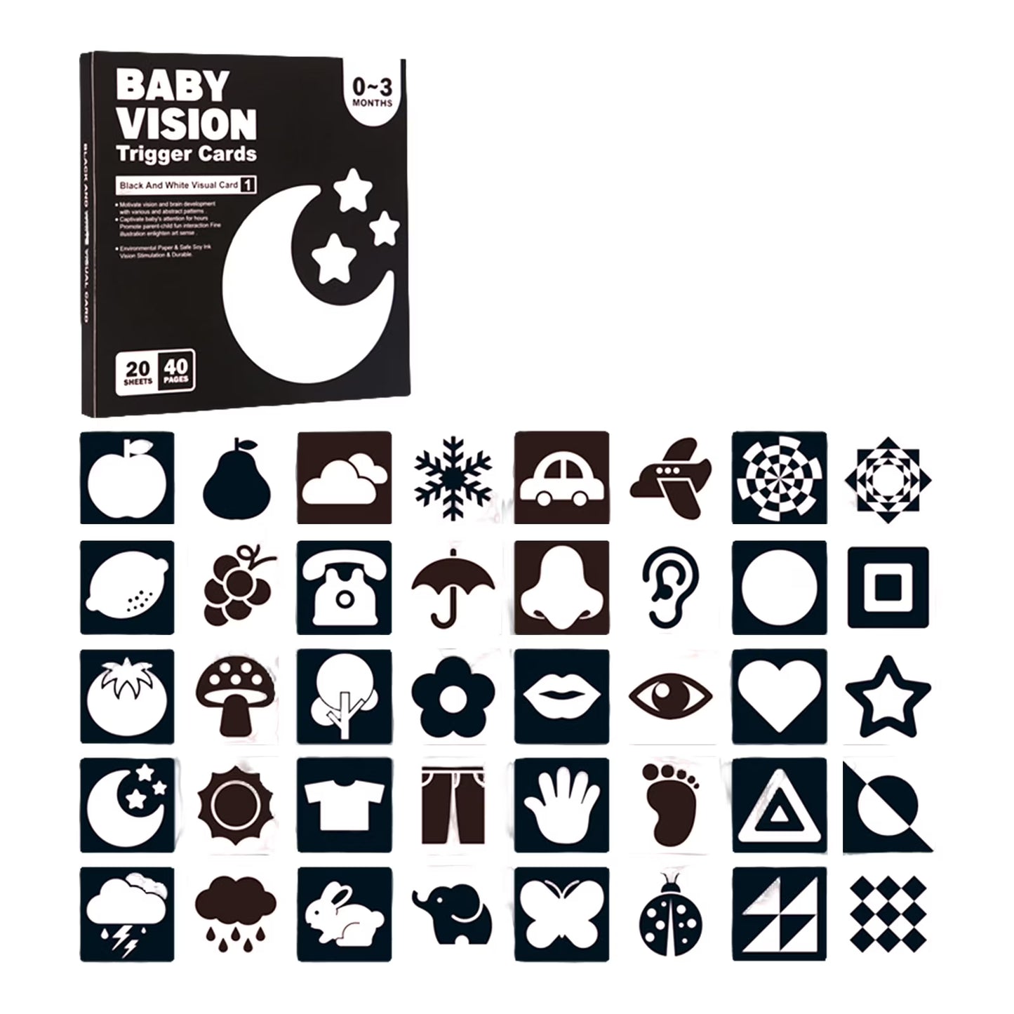 Baby Vision Black & White Flash Cards (0–3 Months) – High Contrast Newborn Visual Stimulation Cards