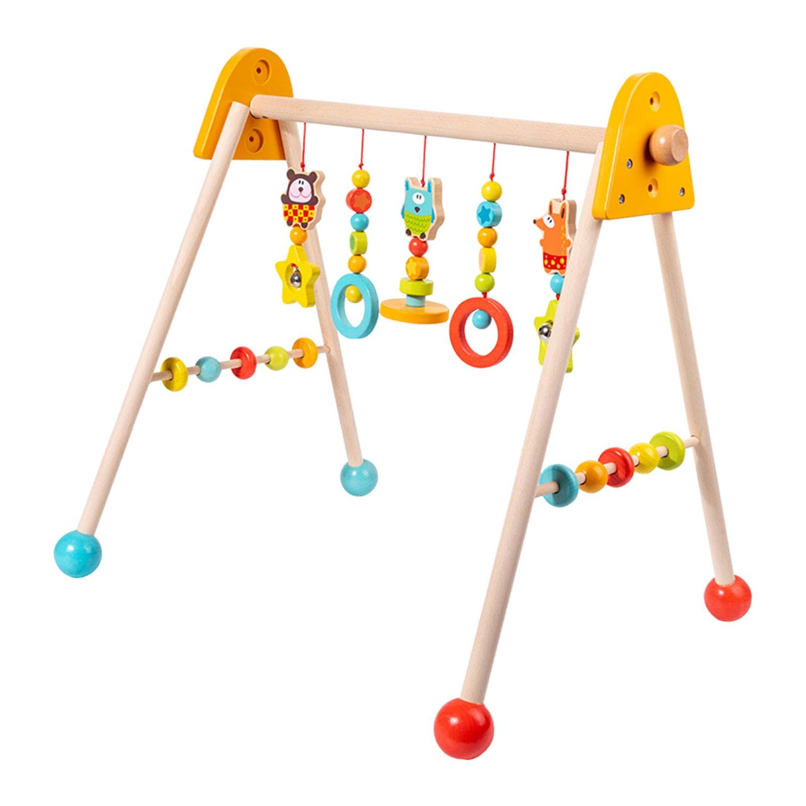 Colorful wooden baby gym with hanging toys on a white background