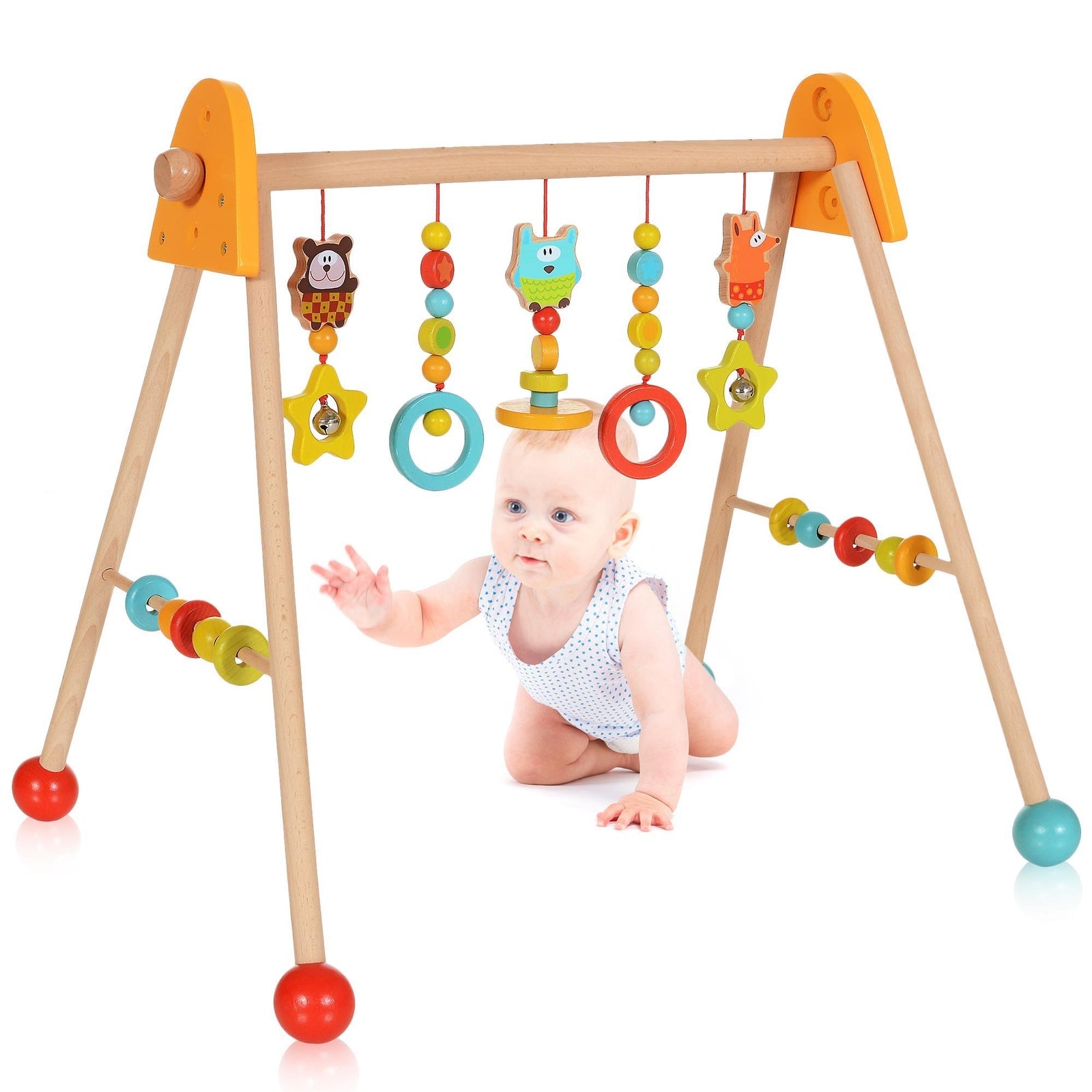 Wooden baby activity gym with hanging sensory toys, rings, beads and Montessori-inspired infant play accessories.