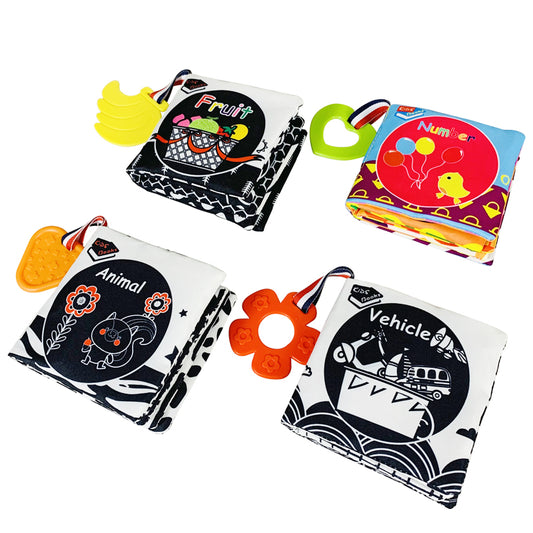 4-in-1 High Contrast Baby Cloth Book set with Teethers – Soft Learning Toy