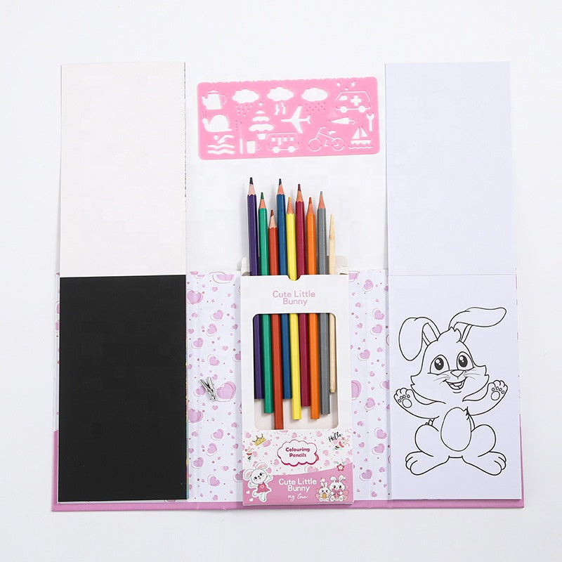 3-in-1 Kids Colouring & Scratch Art Set – Activity Book with Colour Pencils & Stencil (Gift Set)
