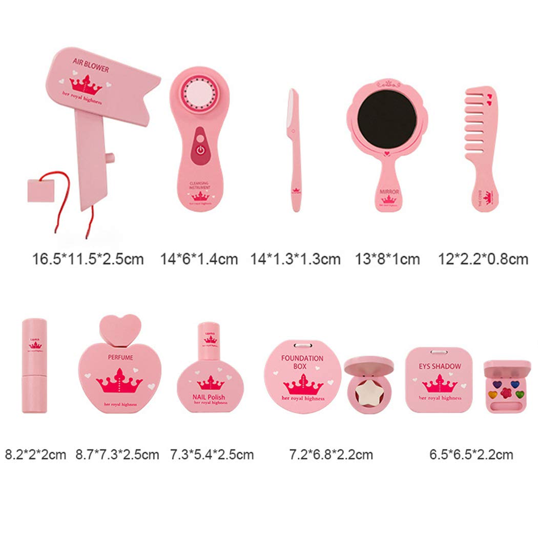 Set of pink makeup and hair care items with measurements on a white background