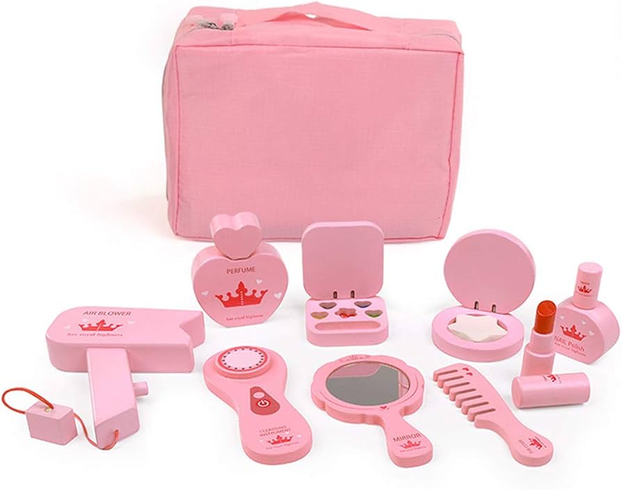 Pink toy makeup set with accessories including a mirror, lipstick, and perfume bottles on a white background.