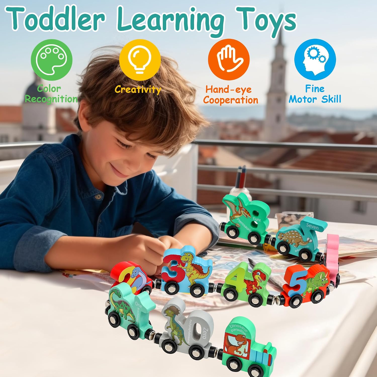 Child playing with colorful toy trains on a table, learning numbers and dinosaurs