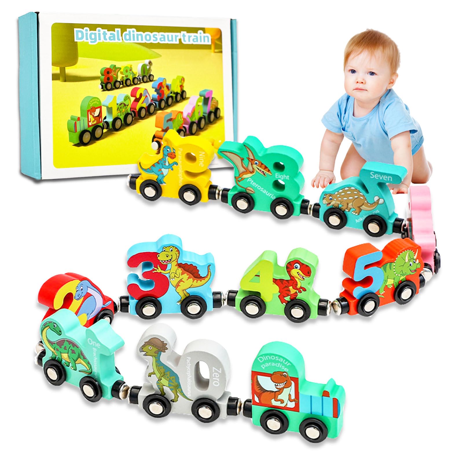 Colorful digital dinosaur train toy set with a baby sitting next to it. montessori baby toy
