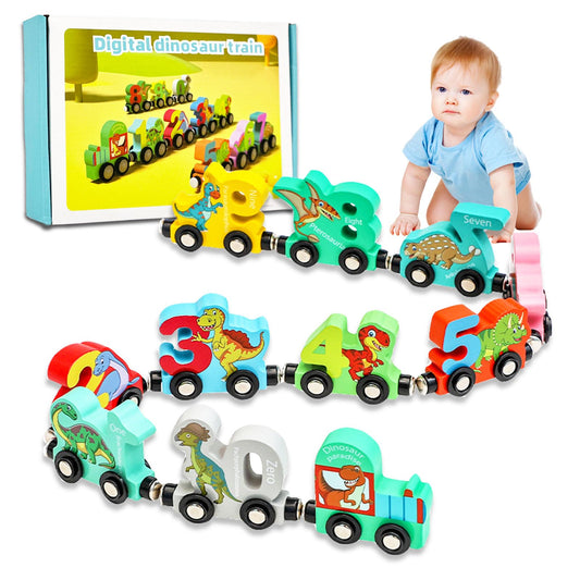 Colorful digital dinosaur train toy set with a baby sitting next to it. montessori baby toy