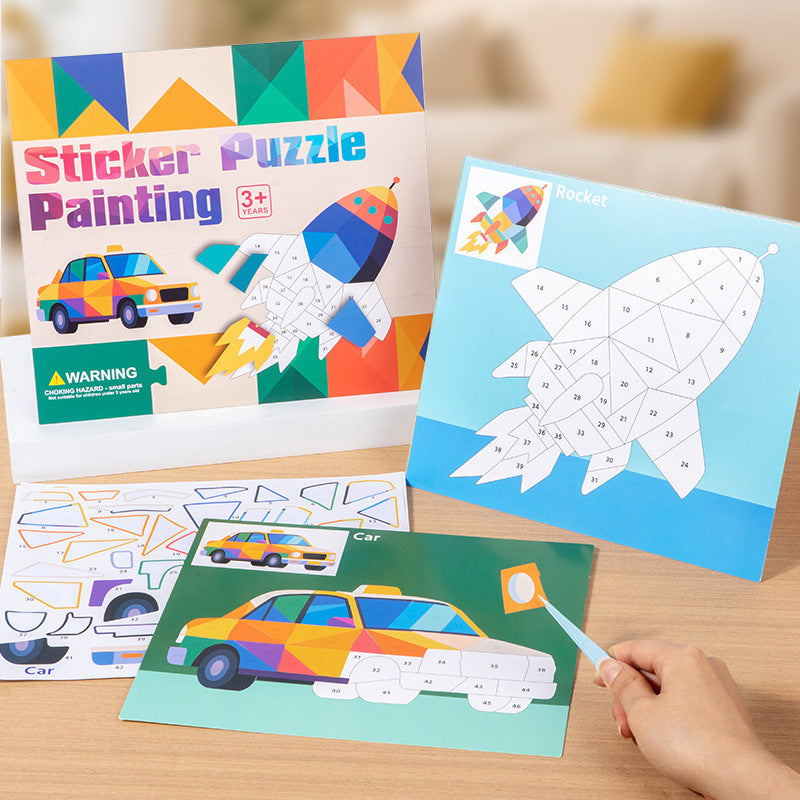 Completed geometric sticker puzzle artwork for kids