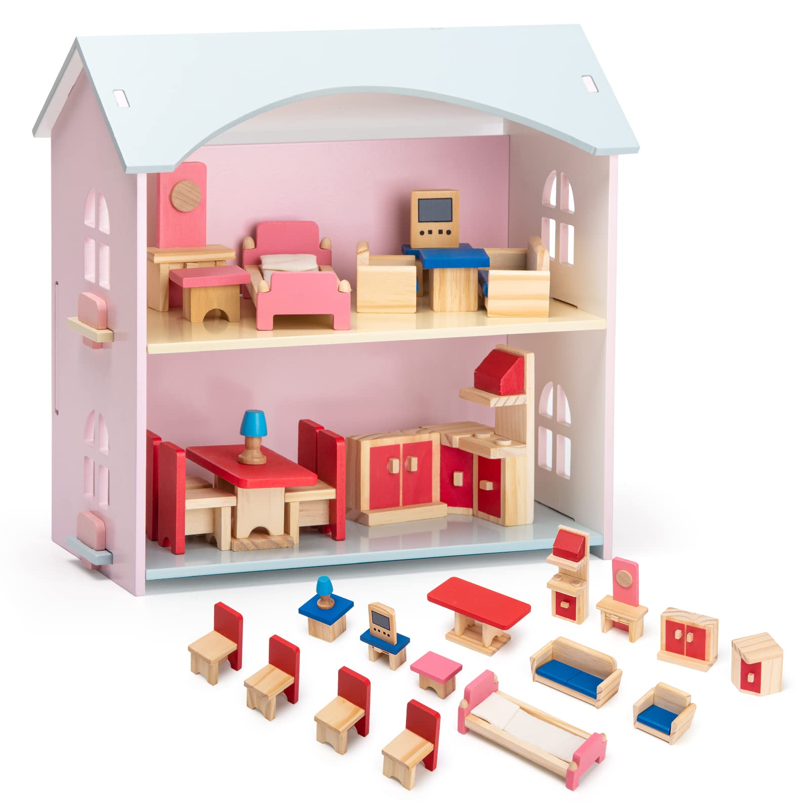 Wooden doll house with furniture set for kids pretend play