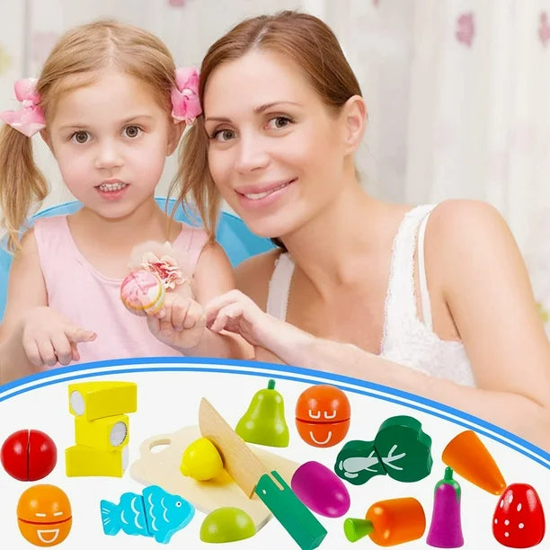 Wooden Fruit & Vegetable Cutting Toy Set – 11 Pieces with Knife & Storage Bucket