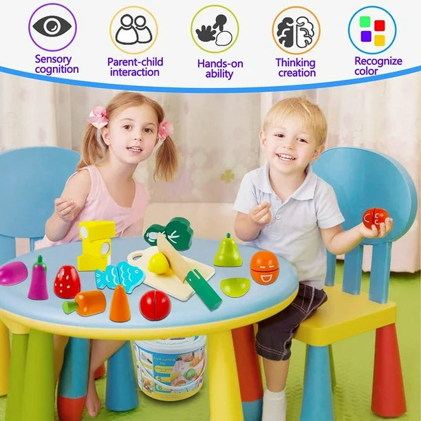 Wooden Fruit & Vegetable Cutting Toy Set – 11 Pieces with Knife & Storage Bucket