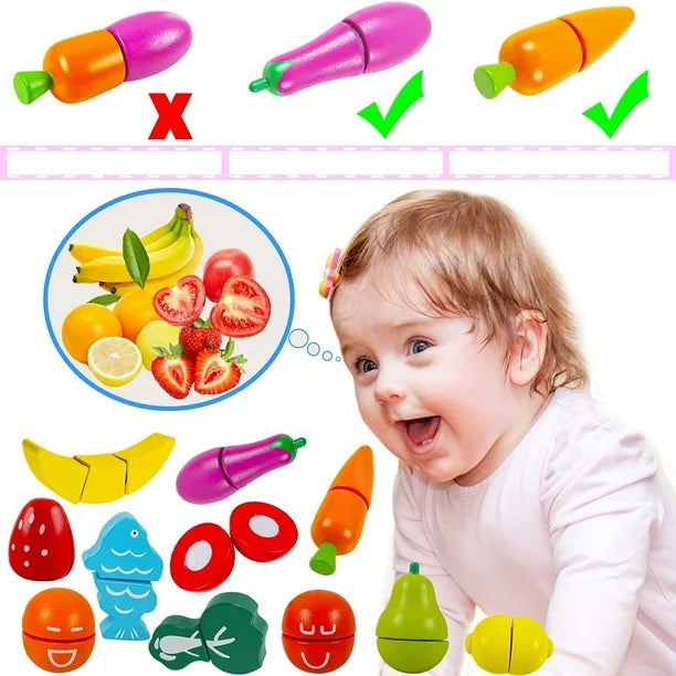 Wooden Fruit & Vegetable Cutting Toy Set – 11 Pieces with Knife & Storage Bucket