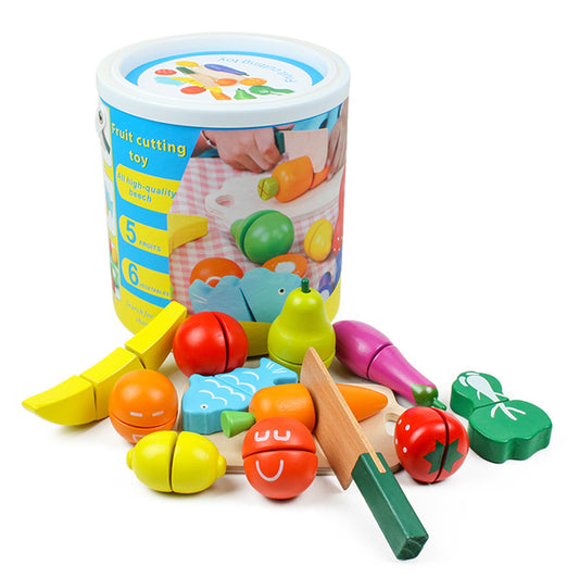 Wooden Fruit & Vegetable Cutting Toy Set – 11 Pieces with Knife & Storage Bucket