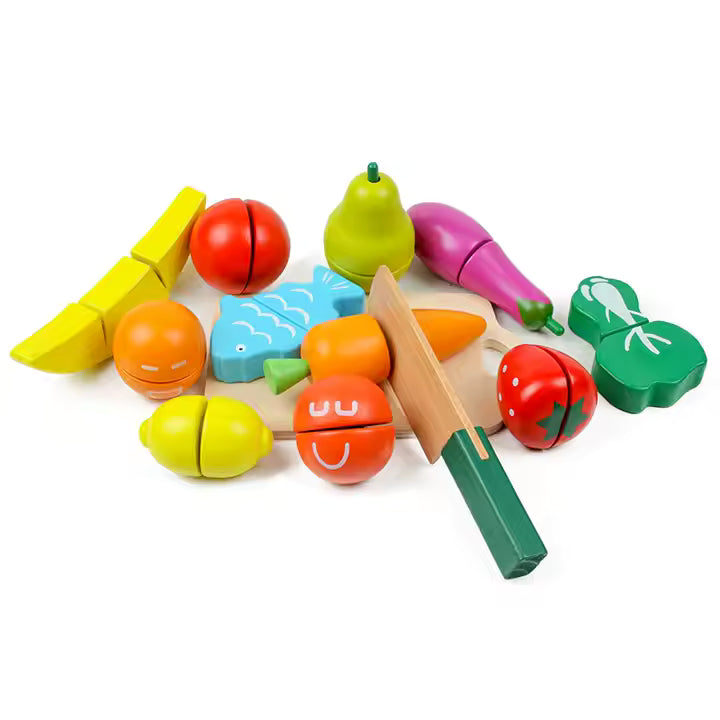 Wooden Fruit & Vegetable Cutting Toy Set – 11 Pieces with Knife & Storage Bucket