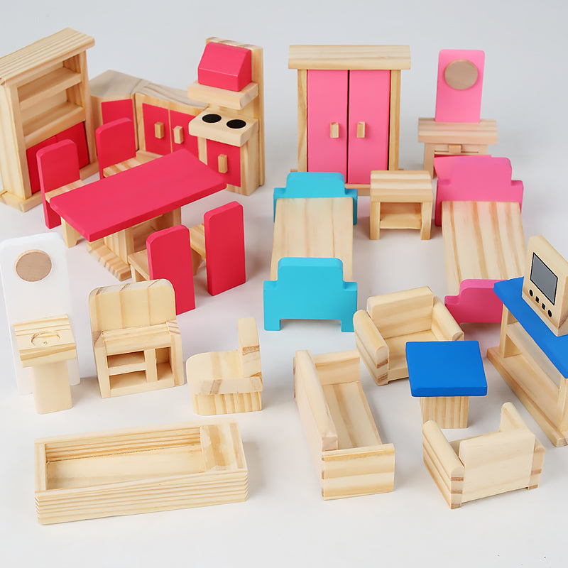 Wooden Dollhouse Furniture – 22-Piece Pretend Play Set
