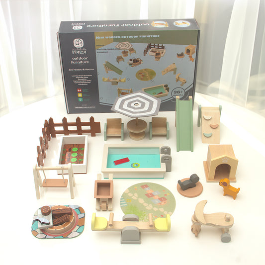 Mini Wooden Outdoor Furniture Playset – Pretend Garden & Park Toy