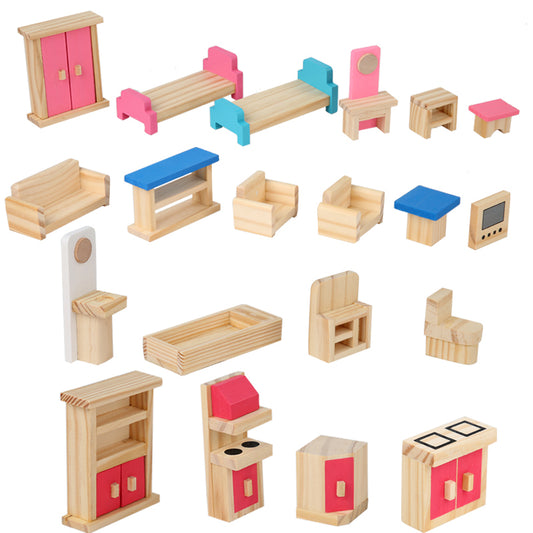 Wooden Dollhouse Furniture – 22-Piece Pretend Play Set
