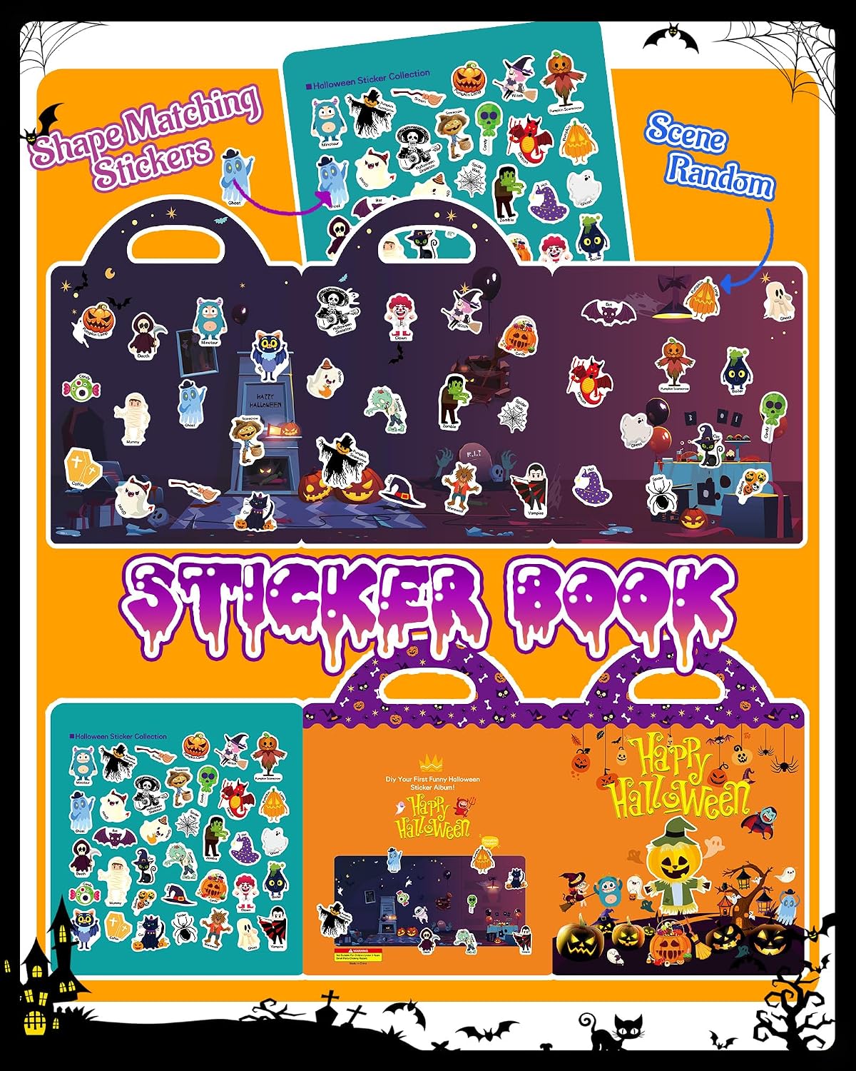 Halloween sticker activity book with matching stickers and scene play