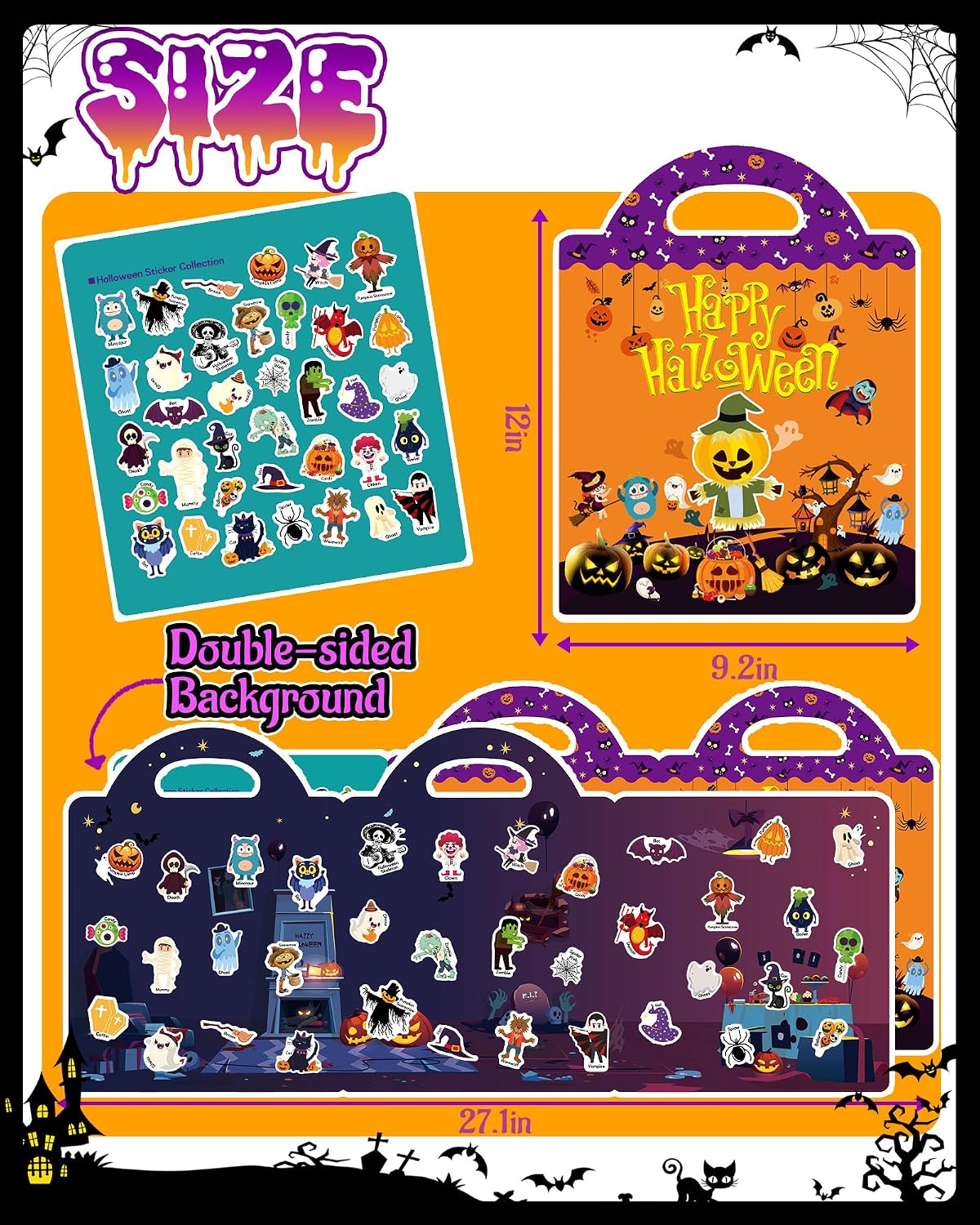 Halloween sticker activity book size and double-sided background