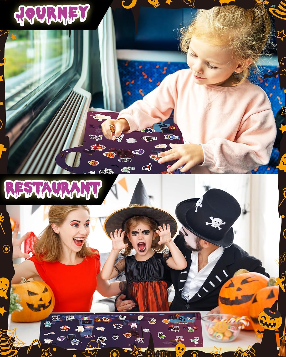 Child using Halloween reusable sticker book while travelling