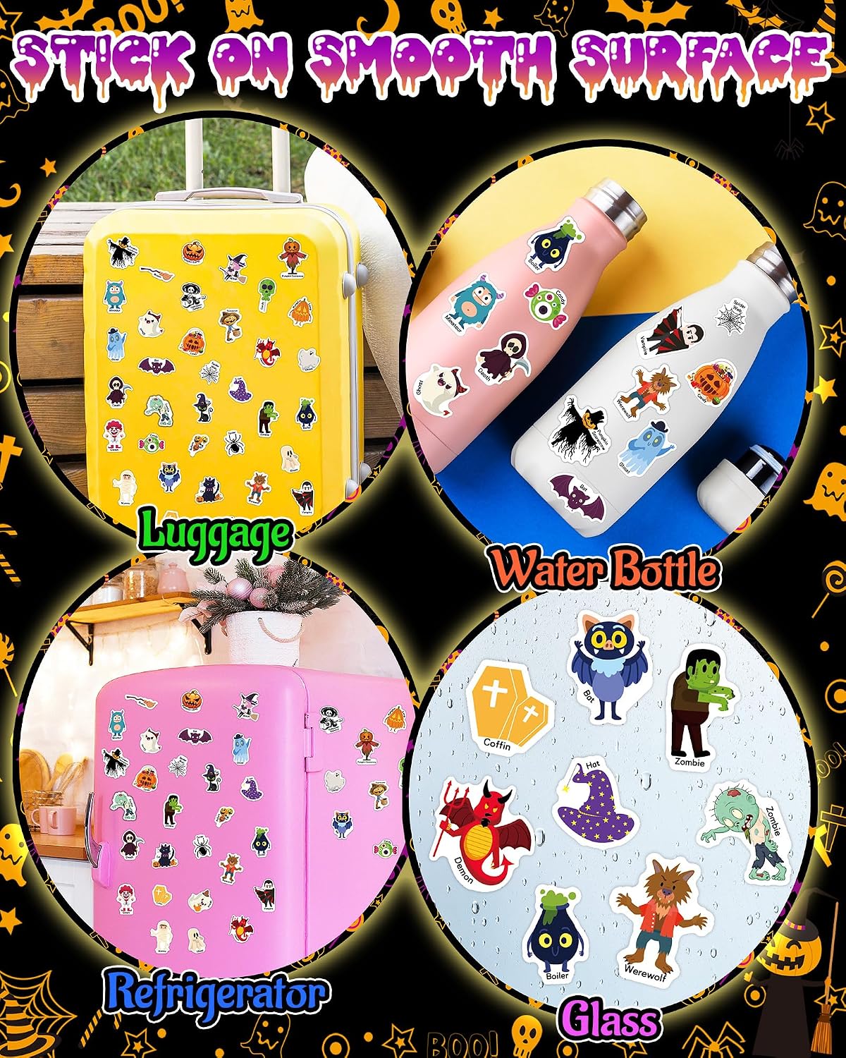 Halloween reusable stickers shown on luggage bottles refrigerator and glass