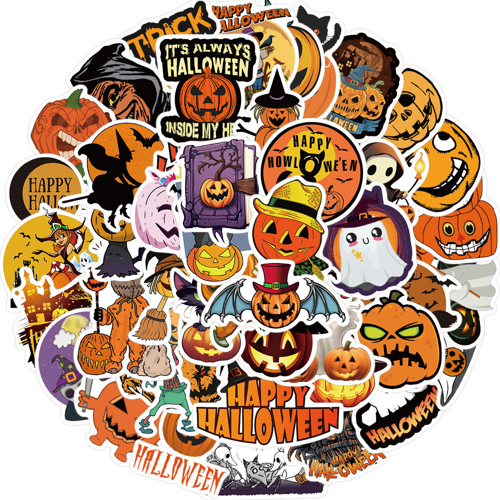 50-piece Halloween waterproof vinyl sticker pack with pumpkins ghosts witches and spooky designs