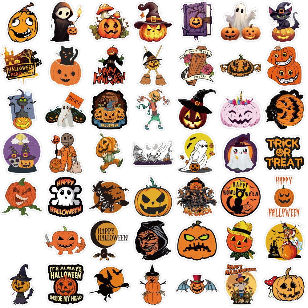 Assorted Halloween waterproof vinyl stickers with pumpkins ghosts witches and trick or treat designs