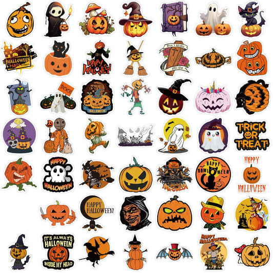 Assorted Halloween waterproof vinyl stickers with pumpkins ghosts witches and trick or treat designs