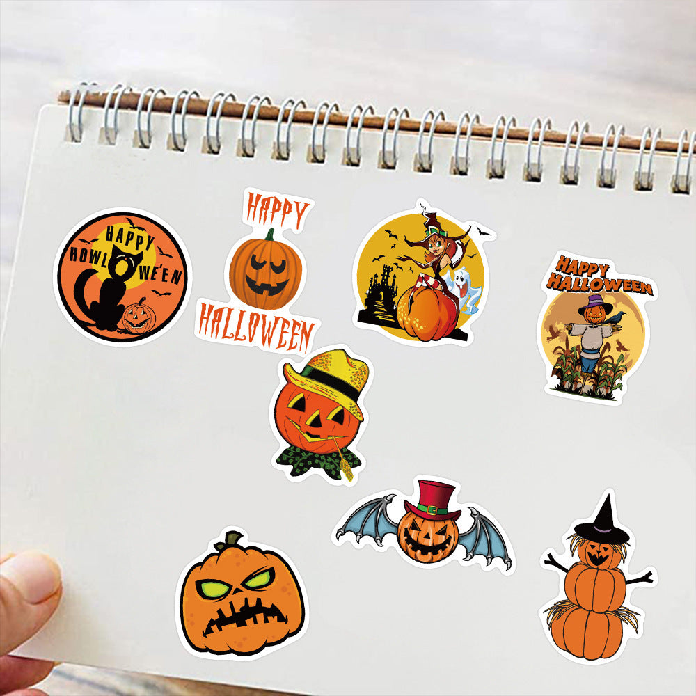 Halloween vinyl stickers decorating a notebook