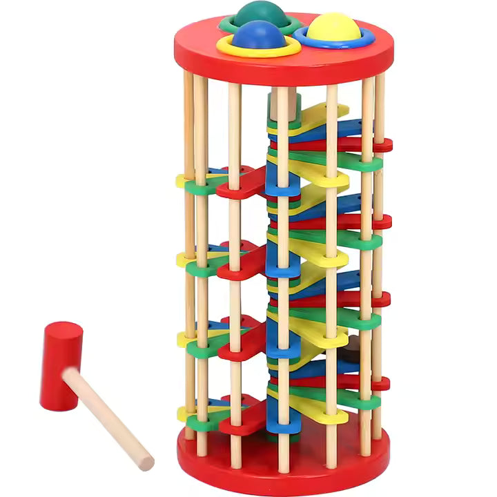 Pound and Roll Wooden Tower – Colorful Hammer & Ball Toy