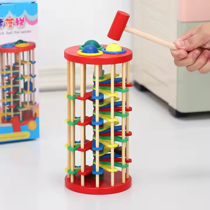 Pound and Roll Wooden Tower – Colorful Hammer & Ball Toy