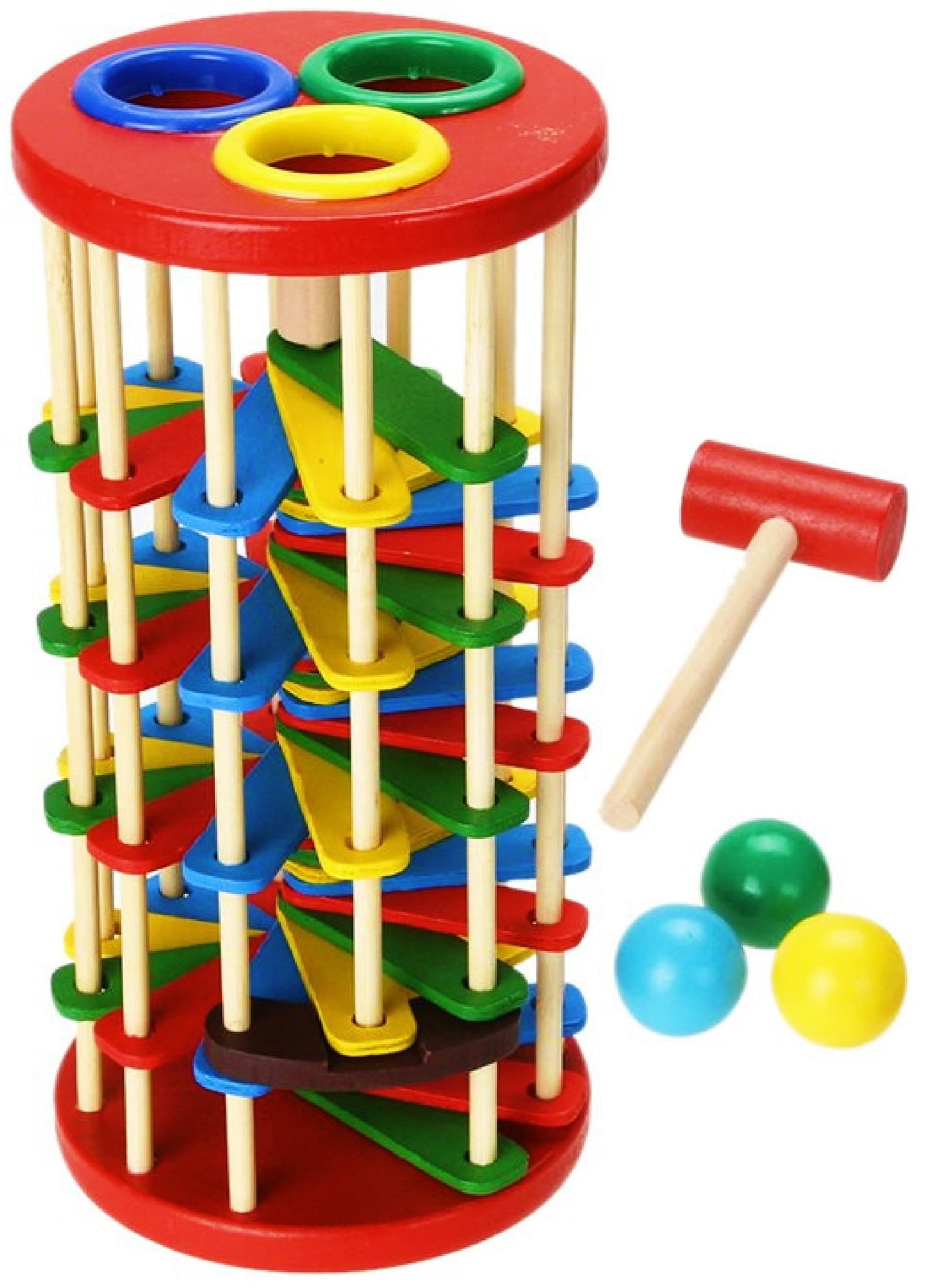 Pound and Roll Wooden Tower – Colorful Hammer & Ball Toy