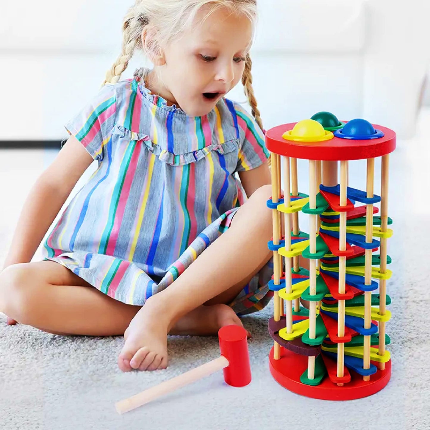 Pound and Roll Wooden Tower – Colorful Hammer & Ball Toy