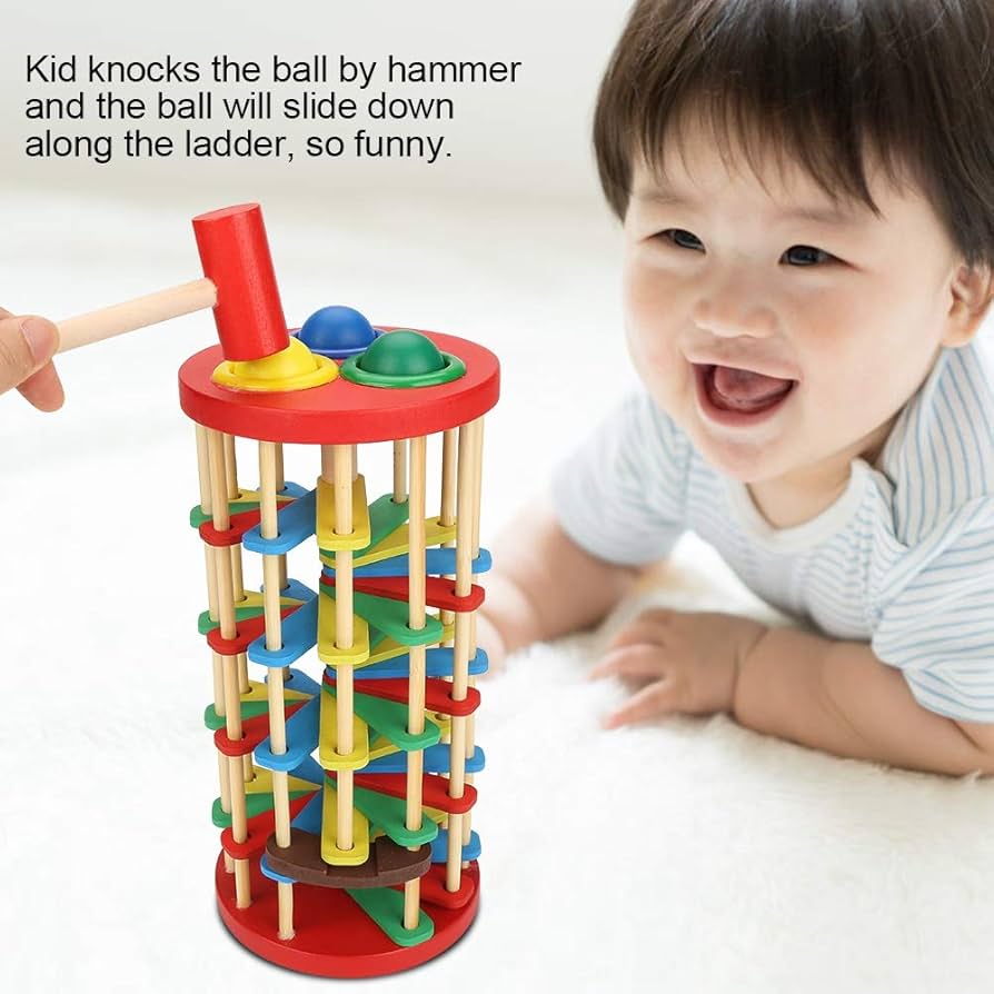 Pound and Roll Wooden Tower – Colorful Hammer & Ball Toy