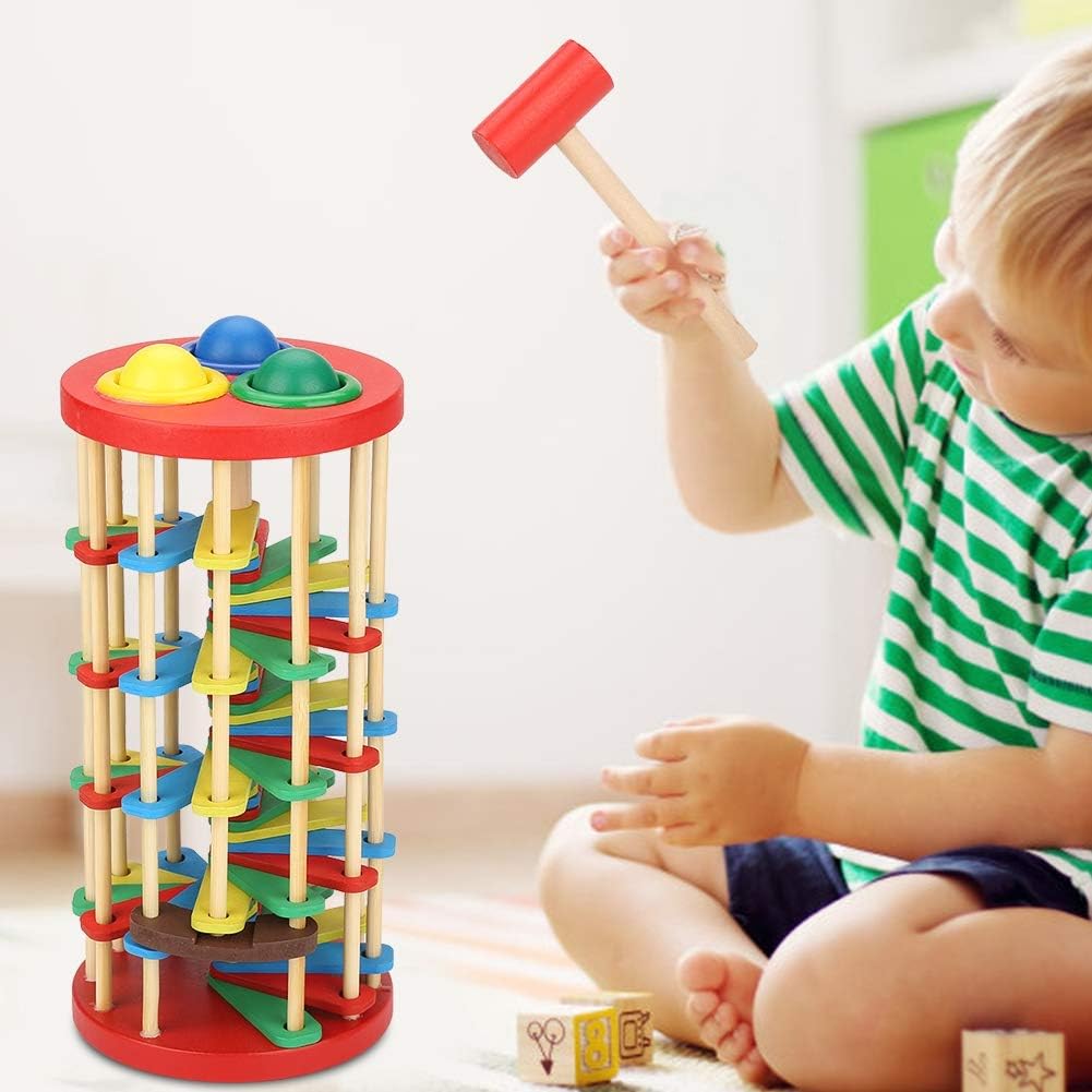 Pound and Roll Wooden Tower – Colorful Hammer & Ball Toy