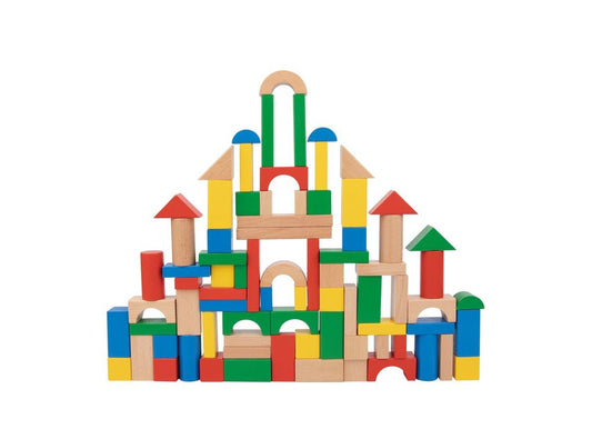 Wooden Blocks in Sorting Bucket – 100pcs with Shapes Lid
