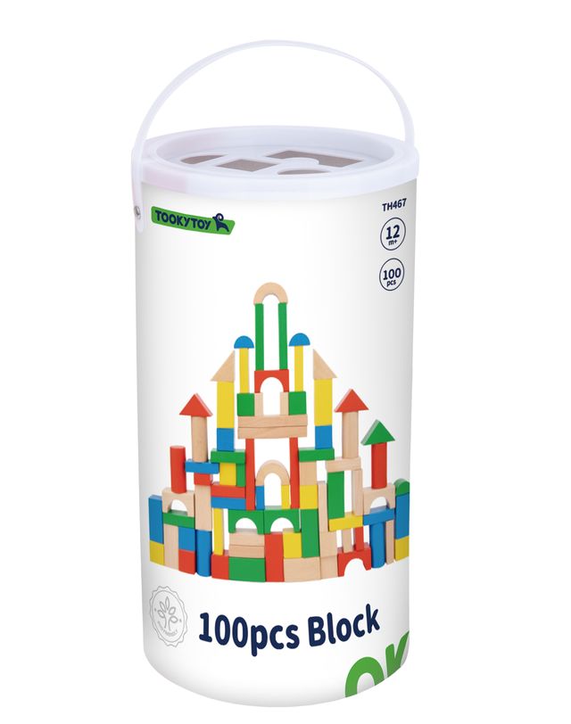 Wooden Blocks in Sorting Bucket – 100pcs with Shapes Lid