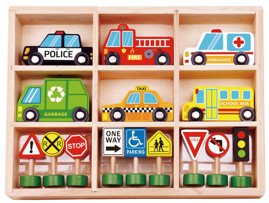 Wooden Emergency Vehicles & Road Sign Set – 20pcs