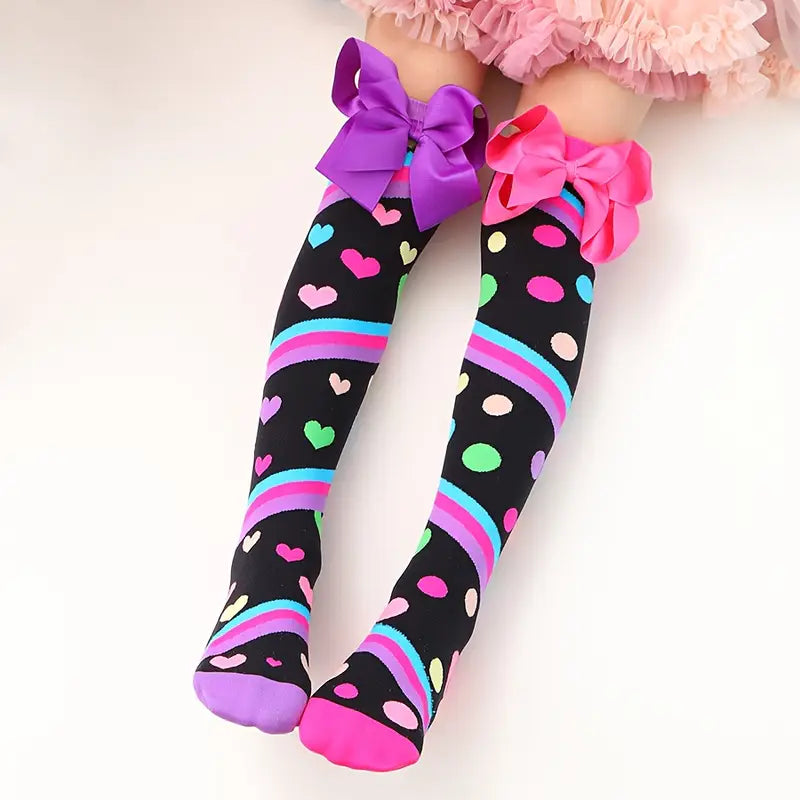 Bow-Knot Knee-High Socks for Kids – Hearts & Polka Dots
