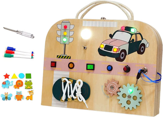 LED Busy Board Activity Case and Drawing Board | Montessori Sensory Learning Board with Lights, Switches & Fine Motor Activities