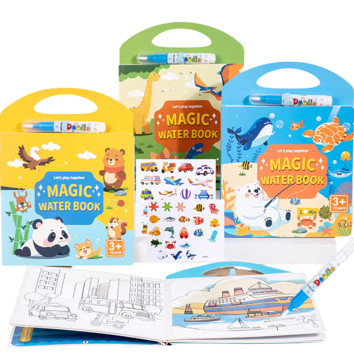 Set of colorful magic water books with pens, featuring animal and vehicle illustrations.