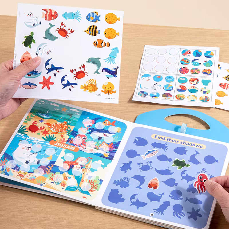 Children's educational book with ocean-themed activities on a wooden surface