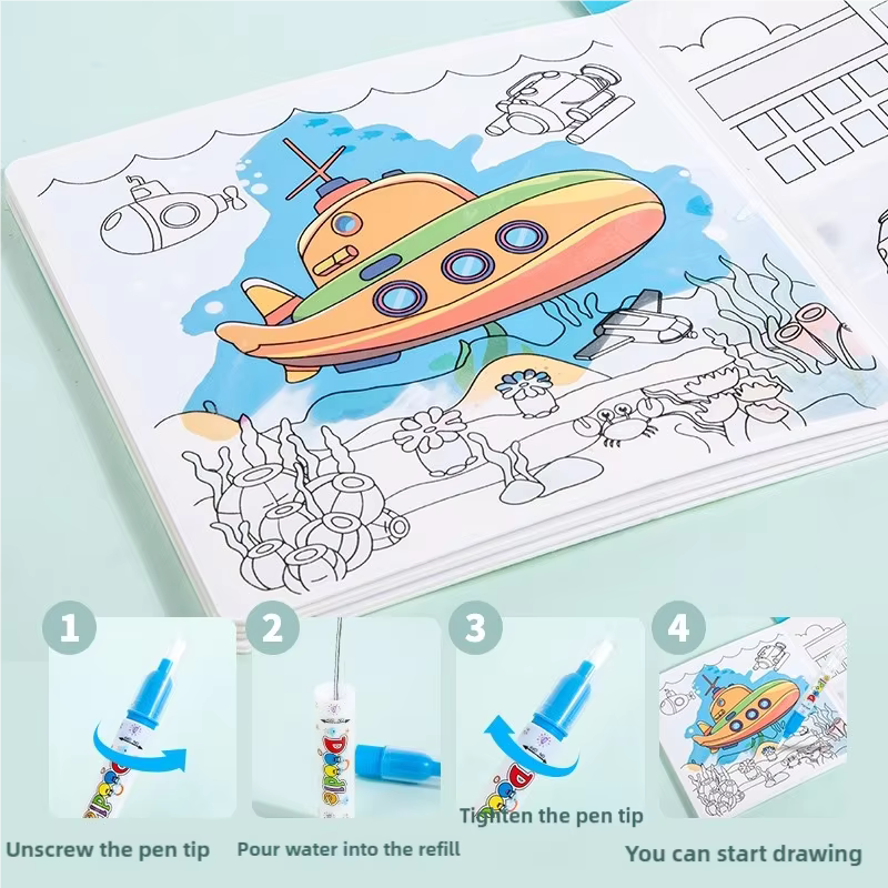 Coloring book with a submarine illustration on a light blue background, featuring a pen and refill.