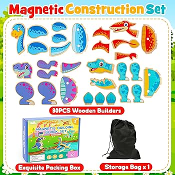 Magnetic construction set with wooden builders, packaging box, and storage bag on a colorful background.