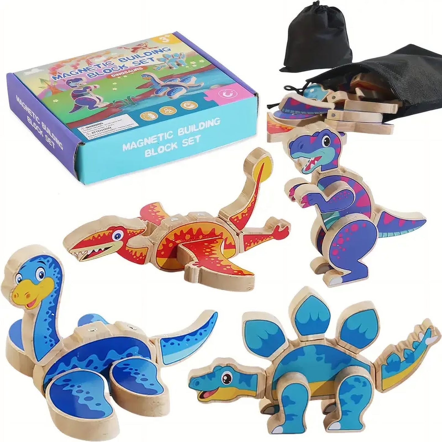 Magnetic dinosaur building blocks set with wooden magnetic pieces used to create multiple dinosaur models for STEM learning and creative construction play.