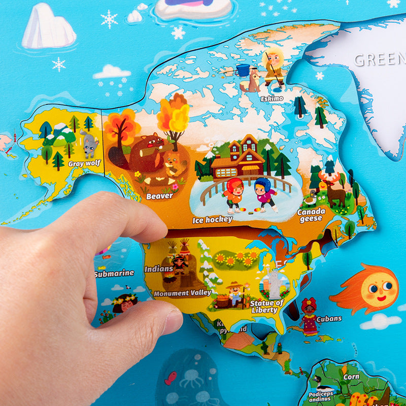 Wooden Magnetic Map Puzzle and Countries facts /flag  and flashcards – World Geography for Kids
