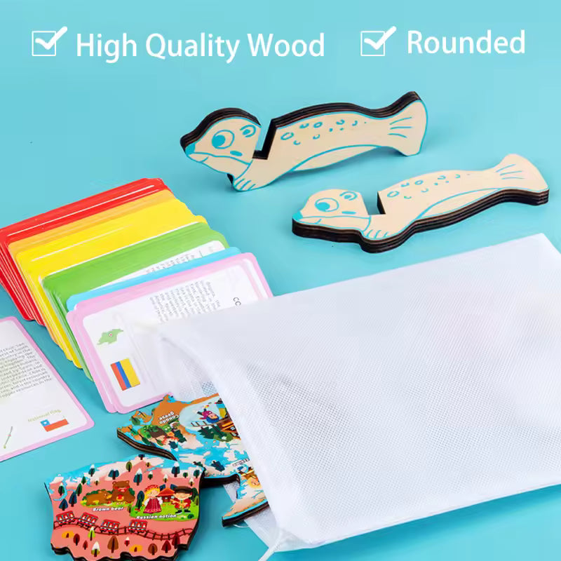Wooden Magnetic Map Puzzle and Countries facts /flag  and flashcards – World Geography for Kids