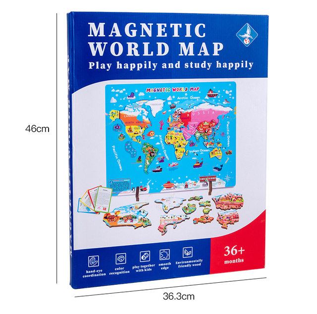Wooden Magnetic Map Puzzle and Countries facts /flag  and flashcards – World Geography for Kids
